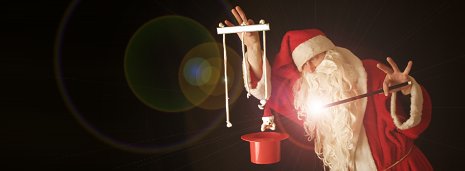 Header Weihnachtsmann-Zauber-Show für Kinder: Der Weihnachtsmann-Zauberer (Magier, Zauberkünstler) unterhält sein Publikum (Ihre Kunden und Gäste) mit weihnachtlicher Zauberei (Zauber-Show, Closeup-Magie, Tischzauberei, Zauberseminar) auf Ihrer privaten und betrieblichen Veranstaltung (Weihnachtsfeier, Weihnachts-Event, Weihnachtsmarkt, Christbaumschlagen).